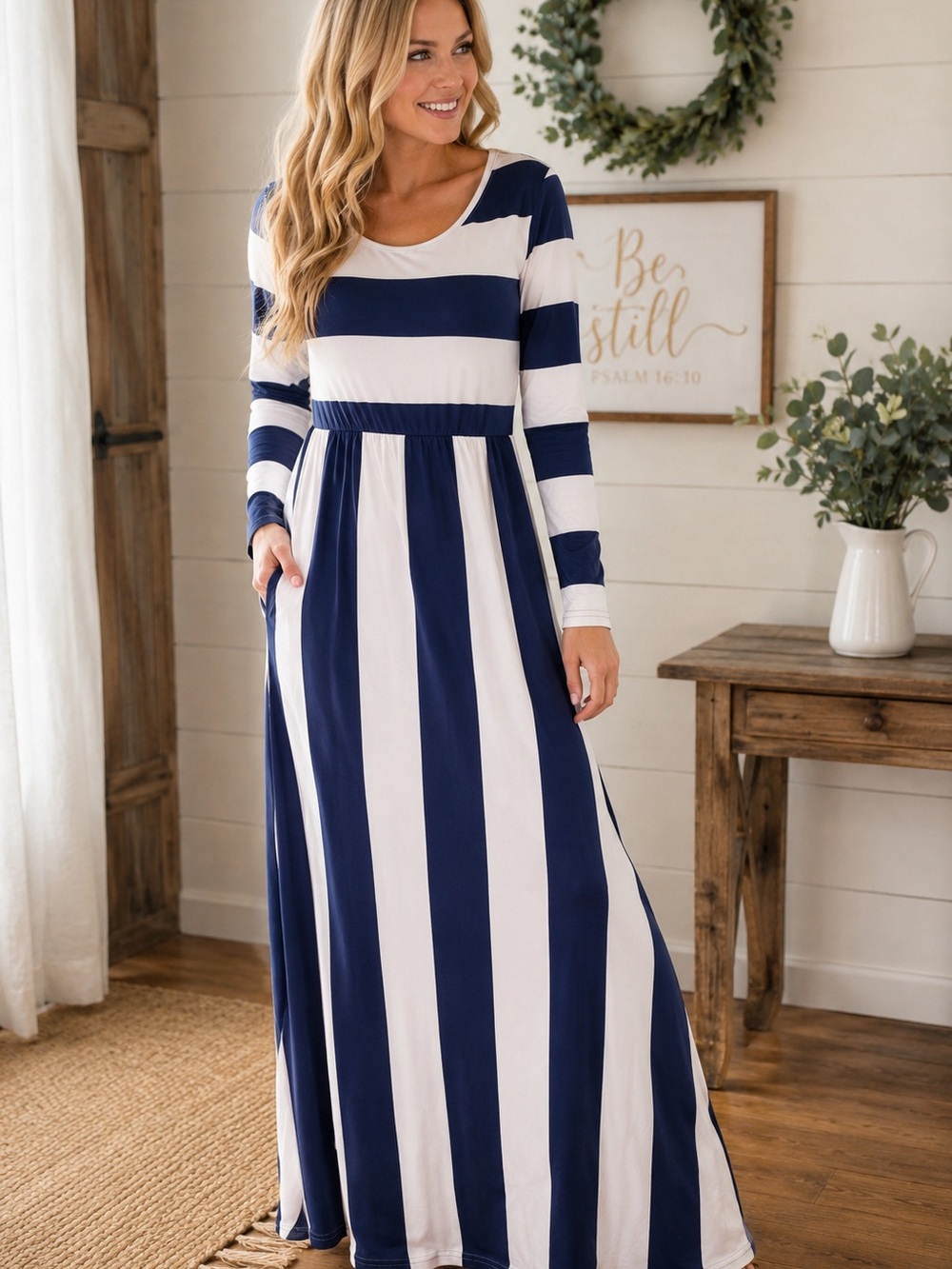 Striped Navy and Light Pink Maxi Dress with Elastic Waist